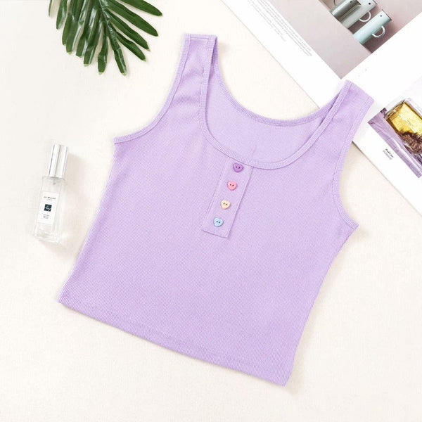 Harajuku Ribbed Knitted Tank Tops Women 2020 Summer Crop Casual Off Shoulder Vest Button Stretch Slim Basic Camisole Female