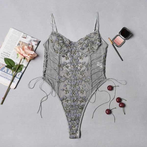 Floral Embroidery Mesh Lace Up  Bodysuit Lingerie Women Bodysuits