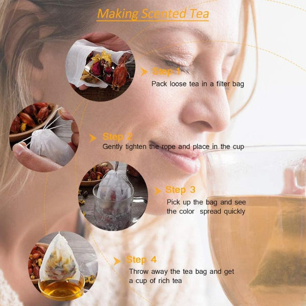 100 Pieces Tea Bags Nonwoven Fabric Filter Spice Infuser With String Food Storage Containers