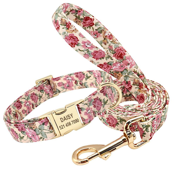 Handmade Personalized Floral Nylon Printed Dog Collar Leash Sets Leads & Head Collars