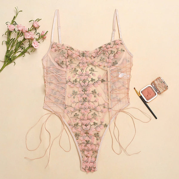 Floral Embroidery Mesh Lace Up  Bodysuit Lingerie Women Bodysuits