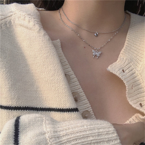 Korean Fashion Silver Shiny Women Butterfly Double Layer Chain Necklace