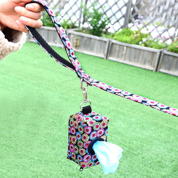 Nylon Dog Leash Bag Set Flower Printed Dogs Walking With Protable Waste For Snack Whistle Key Pet Supplies