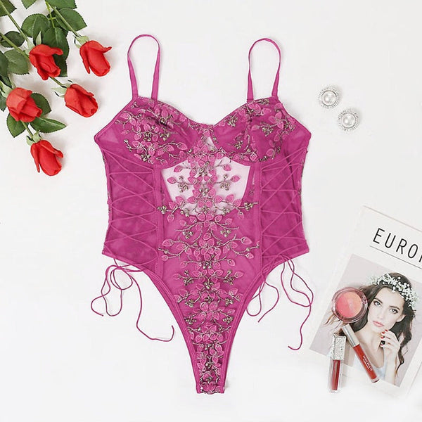 Floral Embroidery Mesh Lace Up  Bodysuit Lingerie Women Bodysuits