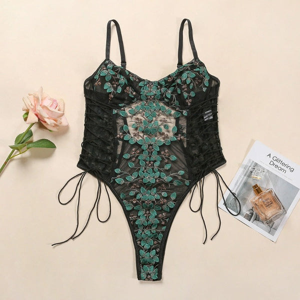 Floral Embroidery Mesh Lace Up  Bodysuit Lingerie Women Bodysuits