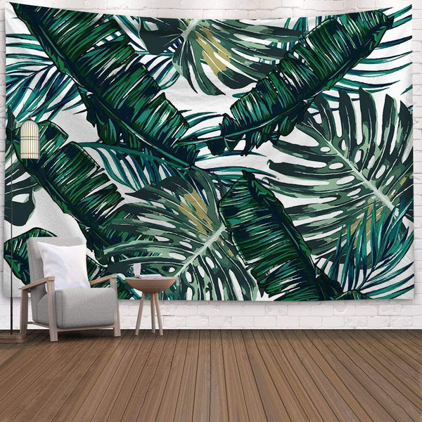 Tropical Green And White Amazonian Leaves Tapestry
