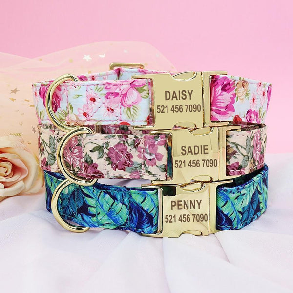 Handmade Personalized Floral Nylon Printed Dog Collar Leash Sets Leads & Head Collars