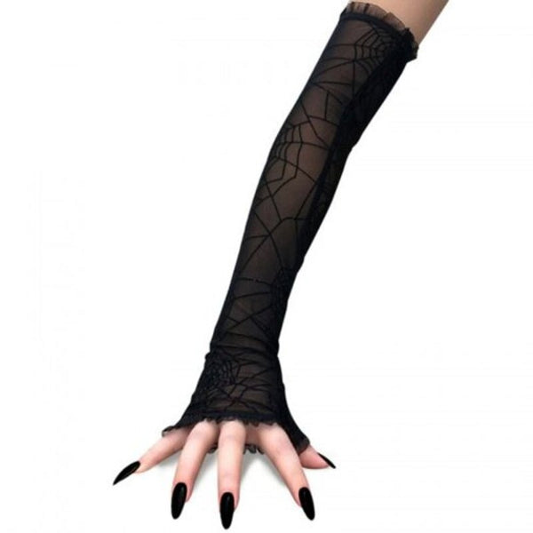 Halloween Spider Web Style Half Finger Gloves Prom Decoration Props 2Pcs Black