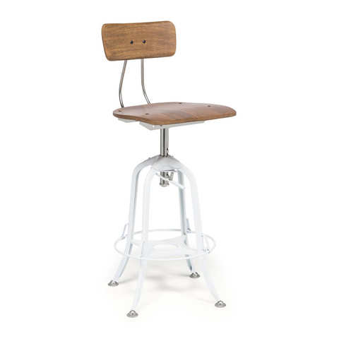 Hamptons Style White Bar Stool Chair Height Adjustable And Swivel With Natural Wood Top