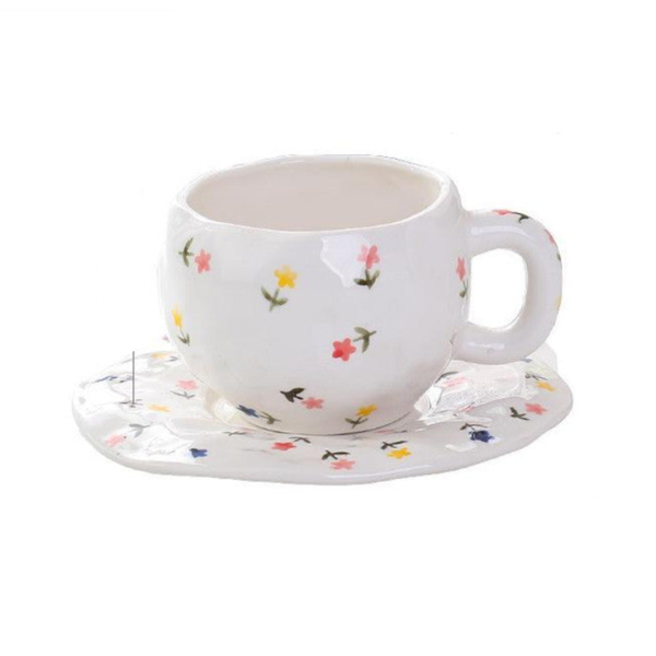Hand Painted Ceramic Coffee Cup And Saucer Set Vintage Afternoon Tea (Red Small Floral Branches) Cups & Saucers