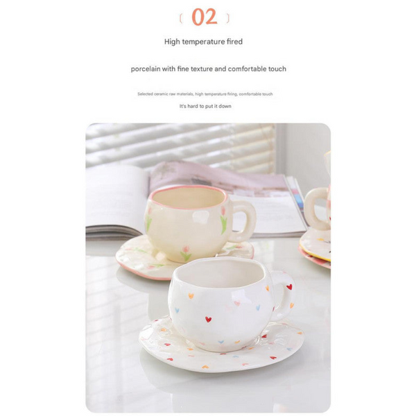 Hand Painted Ceramic Coffee Cup And Saucer Set Vintage Afternoon Tea (Red Small Floral Branches) Cups & Saucers