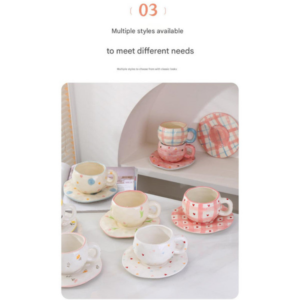 Hand Painted Ceramic Coffee Cup And Saucer Set Vintage Afternoon Tea (Red Small Floral Branches) Cups & Saucers