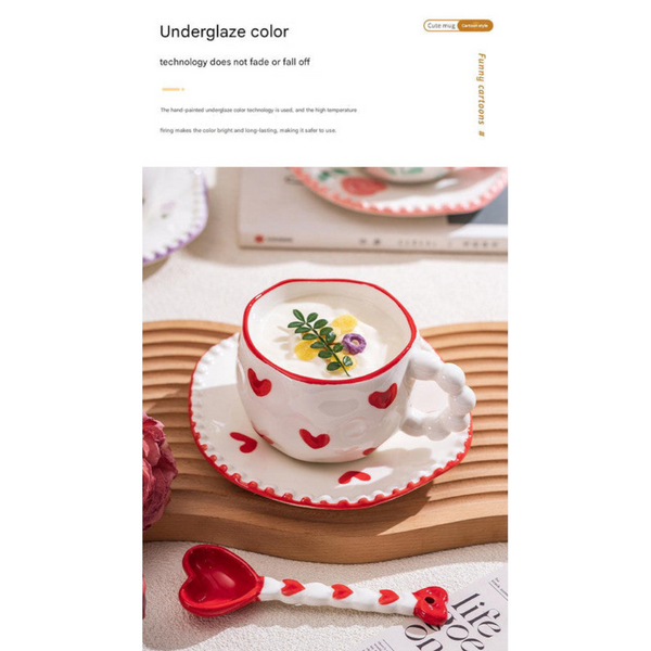 Hand Painted Ceramic Coffee Mug And Saucer Set Whimsical Afternoon Tea Cup With Spoon(White Cloud Pink) Cups & Saucers