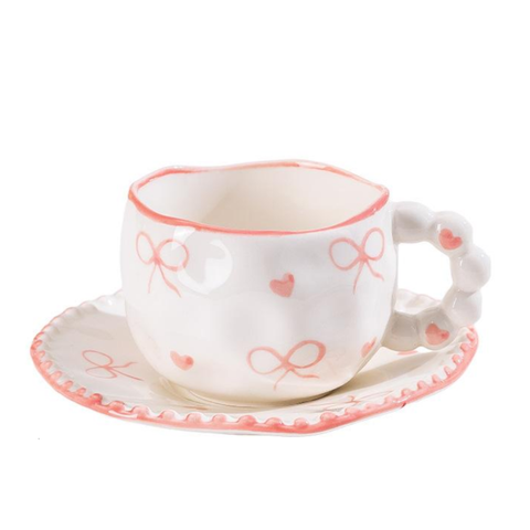 Hand Painted Ceramic Coffee Mug And Saucer Set Whimsical Afternoon Tea Cup With Spoon (Pink Edged Bow) Cups & Saucers