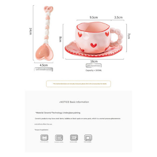 Hand Painted Ceramic Coffee Mug And Saucer Set Whimsical Afternoon Tea Cup With Spoon (Pink Edged Bow) Cups & Saucers