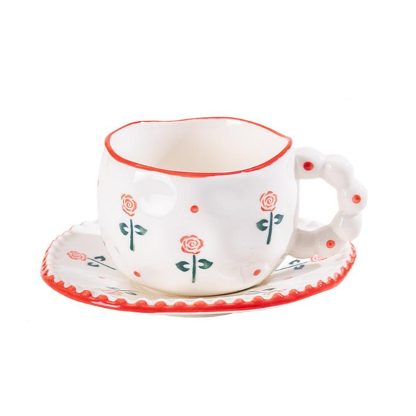 Hand Painted Ceramic Coffee Mug And Saucer Set Whimsical Afternoon Tea Cup With Spoon (Red Rose) Cups & Saucers