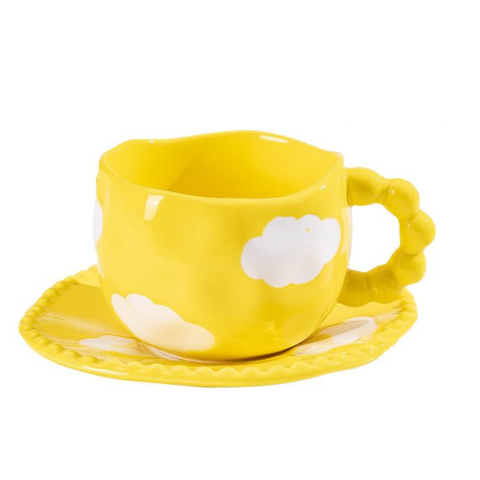 Hand Painted Ceramic Coffee Mug And Saucer Set Whimsical Afternoon Tea Cup With Spoon White Cloud Yellow Cups & Saucers