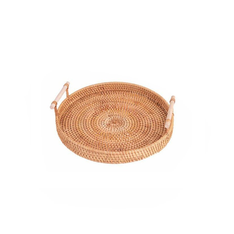 Hand Woven Round Rattan Tray Handle Fruit Snacks Storage Basket Organizer Trays