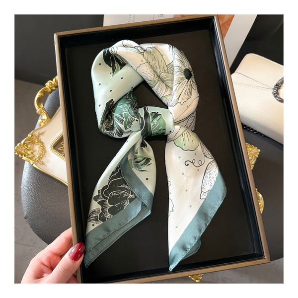 Green Pure Silk Scarf Elegant Flower Design Square Handkerchief (Style 3) Scarves & Wraps