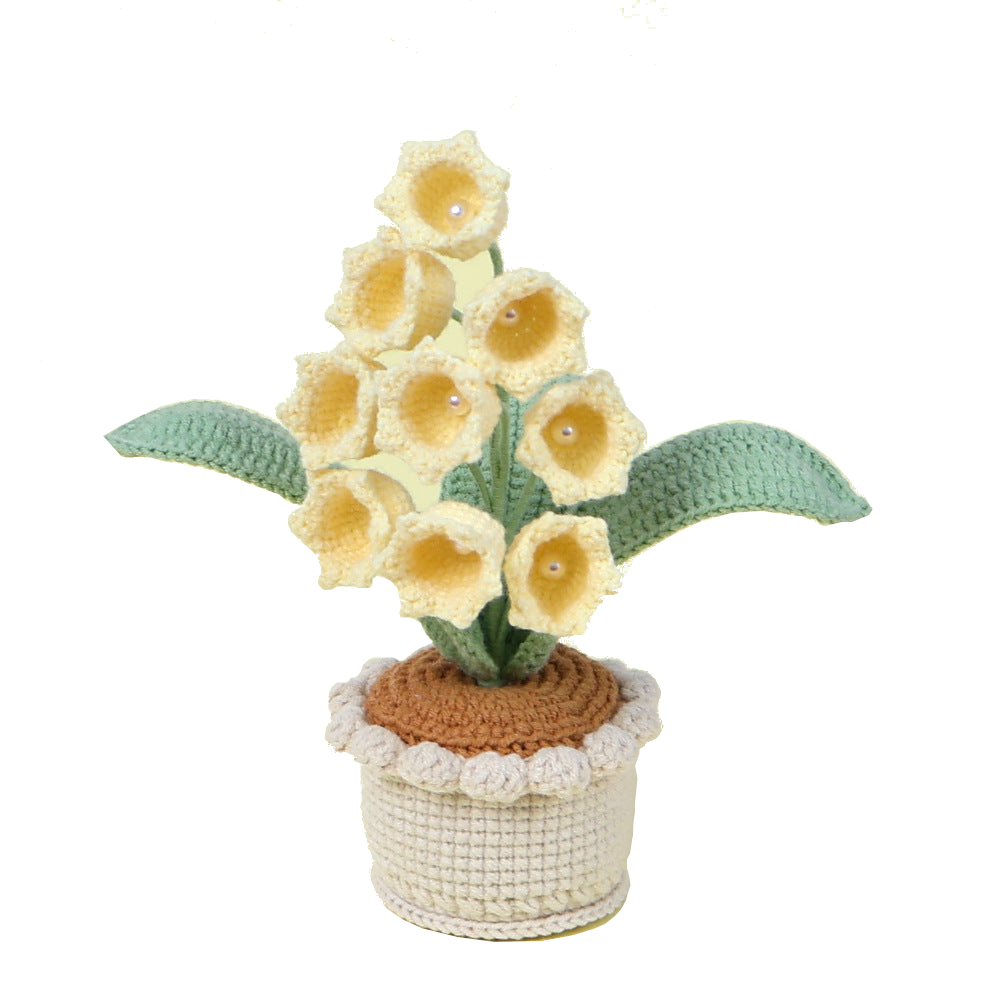 Handmade Crochet Lily Of The Valley Potted Plant Everlasting Flower Arrangement (9 Heads Yellow) Floral Décor