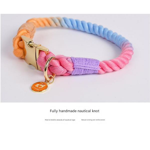 Handmade Gradient Rope Dog Collar & Leash Set Colorful Braided Cotton (Pink Purple Size S) Dog Collars