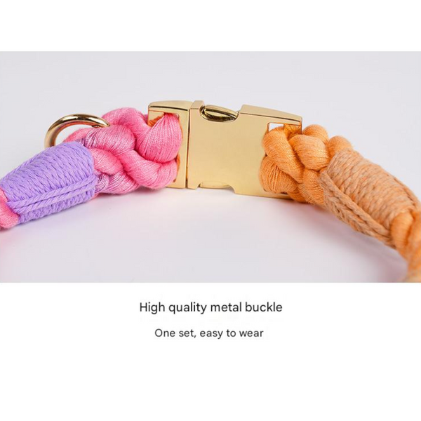Handmade Gradient Rope Dog Collar & Leash Set Colorful Braided Cotton (Pink Purple Size S) Dog Collars