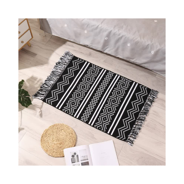 Handwoven Cotton Tassel Floor Rug For Bedroom Or Living Room|Soft Modern Geometric Design60x90cm Rugs