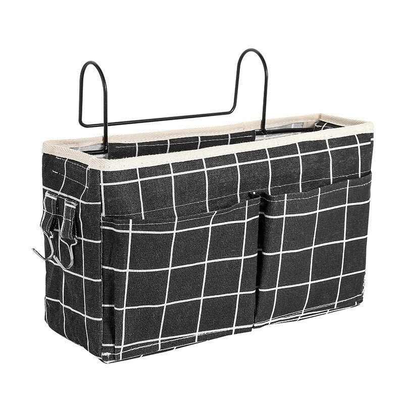 Cotton Linen Bedside Pouch Car Organizer Hanging Storage Bag Grey Checkered Storage Bags