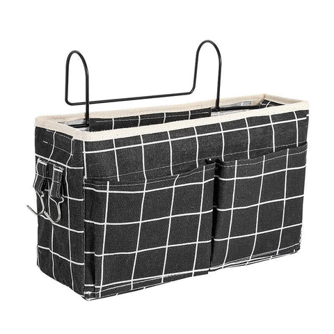 Cotton Linen Bedside Pouch Car Organizer Hanging Storage Bag Grey Checkered Storage Bags