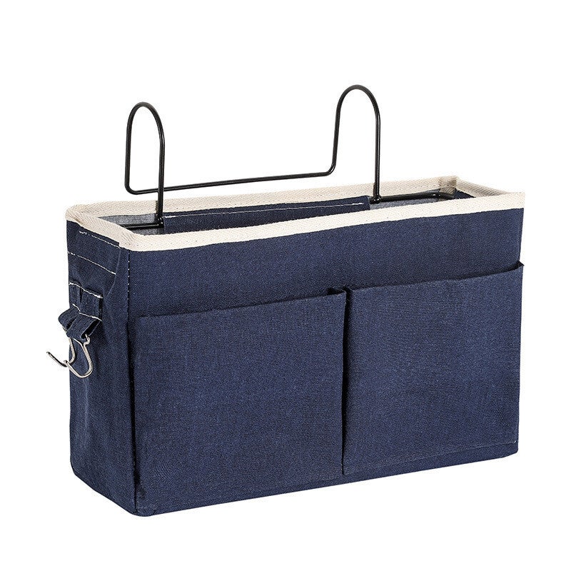 Cotton Linen Bedside Pouch Car Organizer Hanging Storage Bag Dark Blue Storage Bags