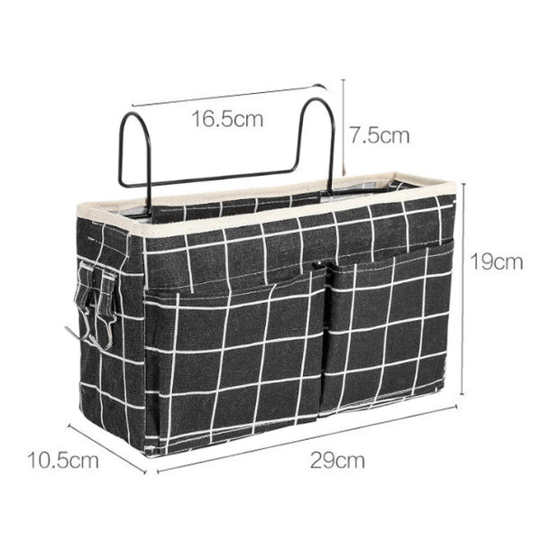 Cotton Linen Bedside Pouch Car Organizer Hanging Storage Bag Grey Checkered Storage Bags