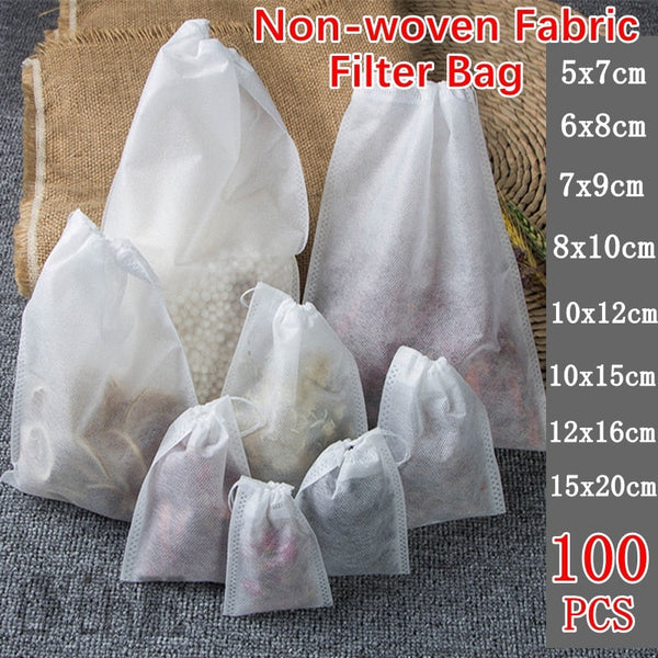 100 Pieces Tea Bags Nonwoven Fabric Filter Spice Infuser With String Food Storage Containers