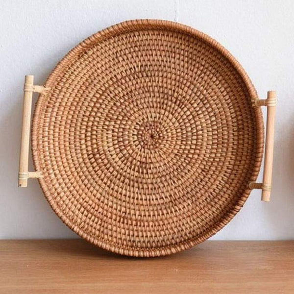 Rattan Round Basket Serving Tray Decor Trays
