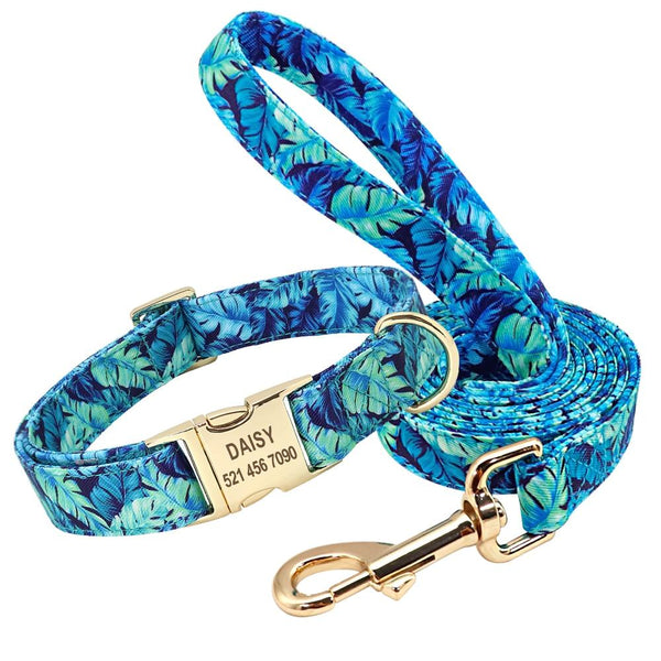 Handmade Personalized Floral Nylon Printed Dog Collar Leash Sets Leads & Head Collars