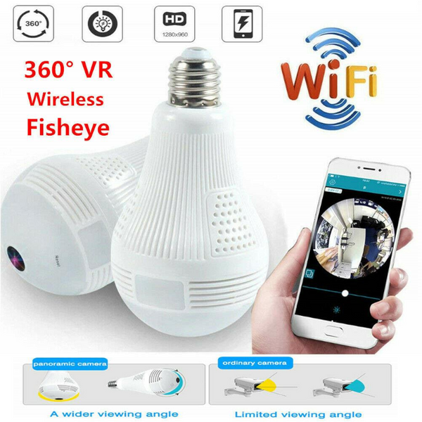 Hd Home 360 Panoramic Wifi Fisheye Bulb Hidden Camera Ir Light Security Monitor