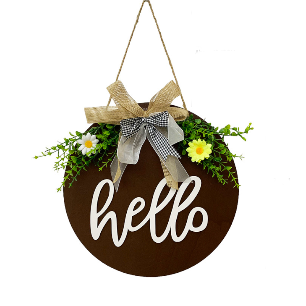 Brown Rustic 'Hello' Welcome Sign Farmhouse Round Wooden Wreath For ...