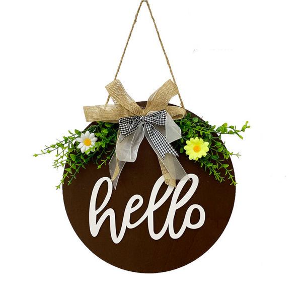 Brown Rustic 'Hello' Welcome Sign Farmhouse Round Wooden Wreath For Front Door Decor Plaques & Signs