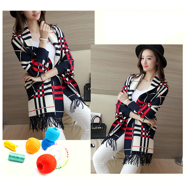 Chequered Shawl Poncho Batwing Sleeve Coat Fringed Autumn And Winter Scarf Blue Scarves & Wraps