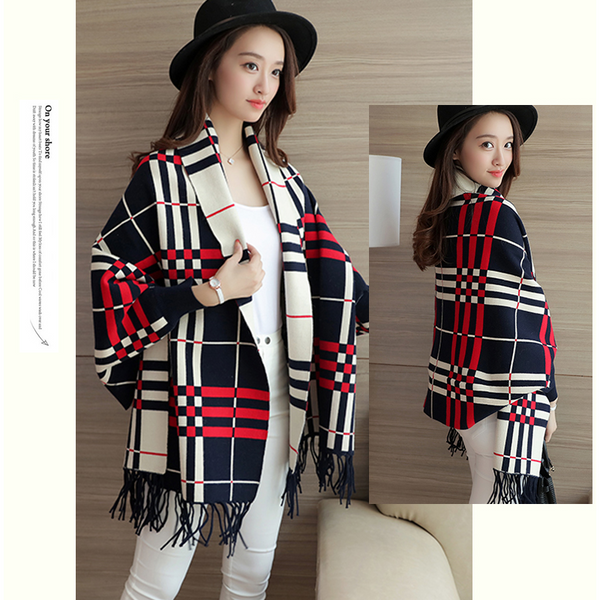 Chequered Shawl Poncho Batwing Sleeve Coat Fringed Autumn And Winter Scarf Blue Scarves & Wraps
