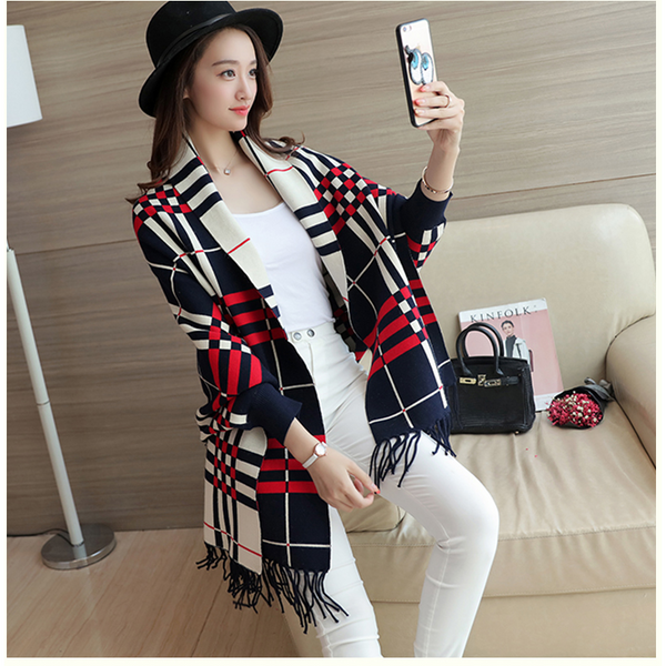 Chequered Shawl Poncho Batwing Sleeve Coat Fringed Autumn And Winter Scarf Blue