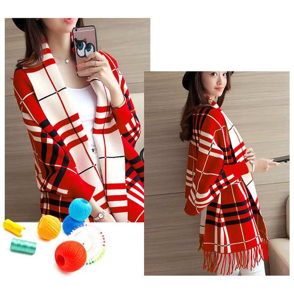 Chequered Shawl Poncho Batwing Sleeve Coat Fringed Autumn Winter Scarf Red Scarves & Wraps