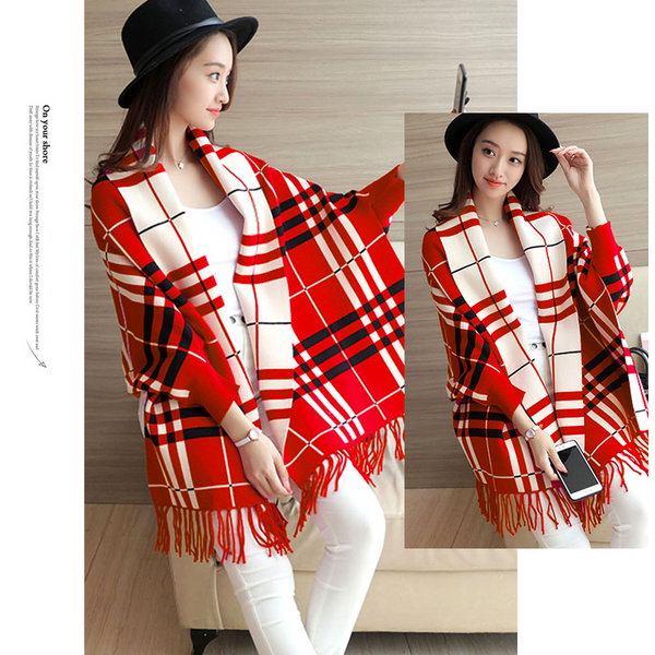 Chequered Shawl Poncho Batwing Sleeve Coat Fringed Autumn Winter Scarf Red Scarves & Wraps