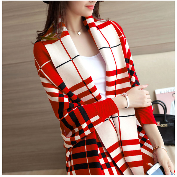Chequered Shawl Poncho Batwing Sleeve Coat Fringed Autumn Winter Scarf Red Scarves & Wraps