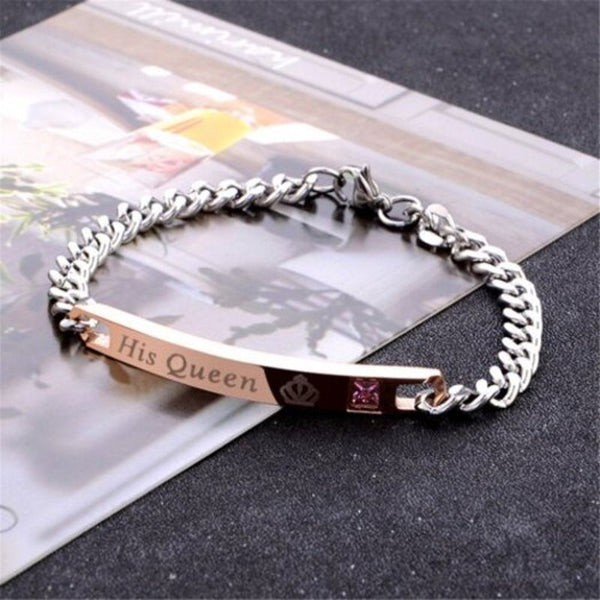 Veile Studios Her King His Queen Couple Stainless Steel Crytal Crown Charm Champagne Gold Bracelets