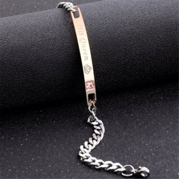 Veile Studios Her King His Queen Couple Stainless Steel Crytal Crown Charm Champagne Gold Bracelets