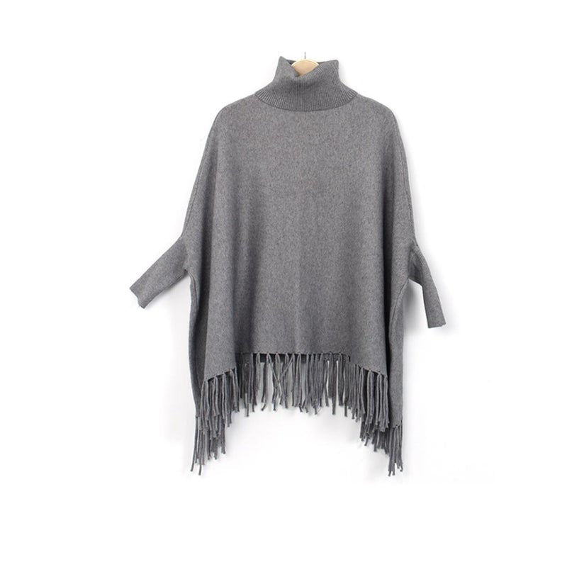 High Necked Lady's Fringed Cape Monochromatic Shawl Bat Sleeve Jacket Grey Coats Jackets & Vests