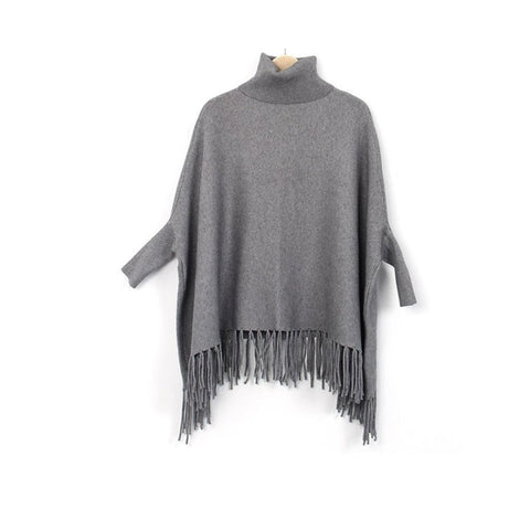High Necked Lady's Fringed Cape Monochromatic Shawl Bat Sleeve Jacket Grey Coats Jackets & Vests