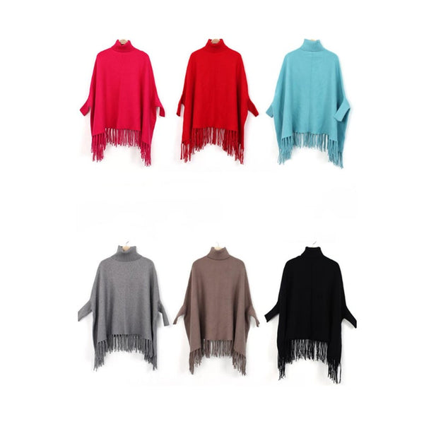 High Necked Lady's Fringed Cape Monochromatic Shawl Bat Sleeve Jacket Grey Coats Jackets & Vests
