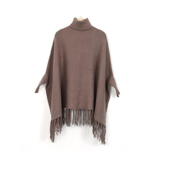 Women's Turtleneck Fringed Cape Monochromatic Shawl Bat Sleeve Jacket Khaki Coats Jackets & Vests
