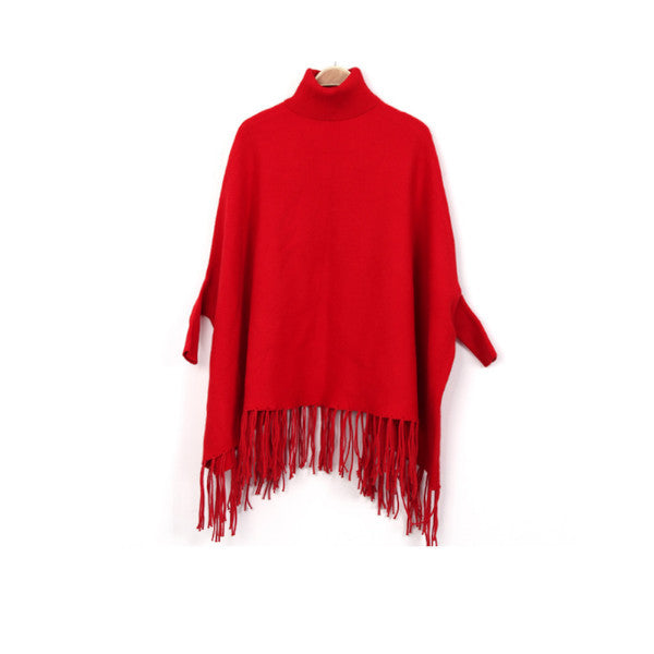 High Necked Lady's Fringed Cape Monochromatic Shawl Bat Sleeve Jacket Red Coats Jackets & Vests